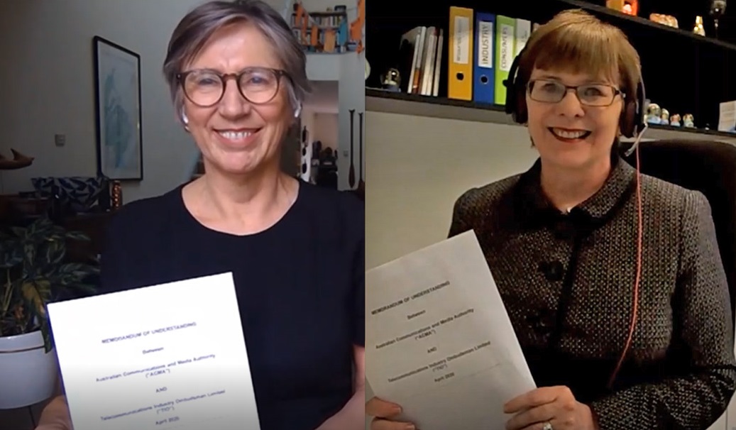 Ombudsman Judi Jones and ACMA Chair Nerida O'Loughlin hold the signed MoU